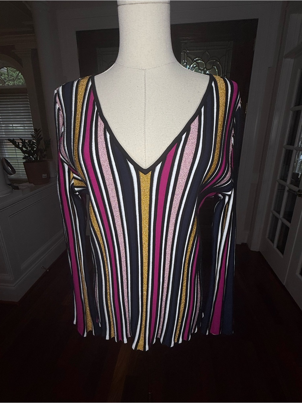 Milly Metallic Stripe Knit V-Neck Sweater XL NWT Pink Gold Black